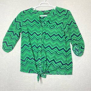 The Limited Women’s S Green Zig Zag Blouse Tie Front 3/4 Sleeve V-Neck Button Up